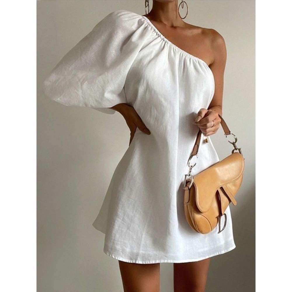 Commense Aegean Cotton Linen One Sleeve Short Dress white size L - Picture 3 of 11